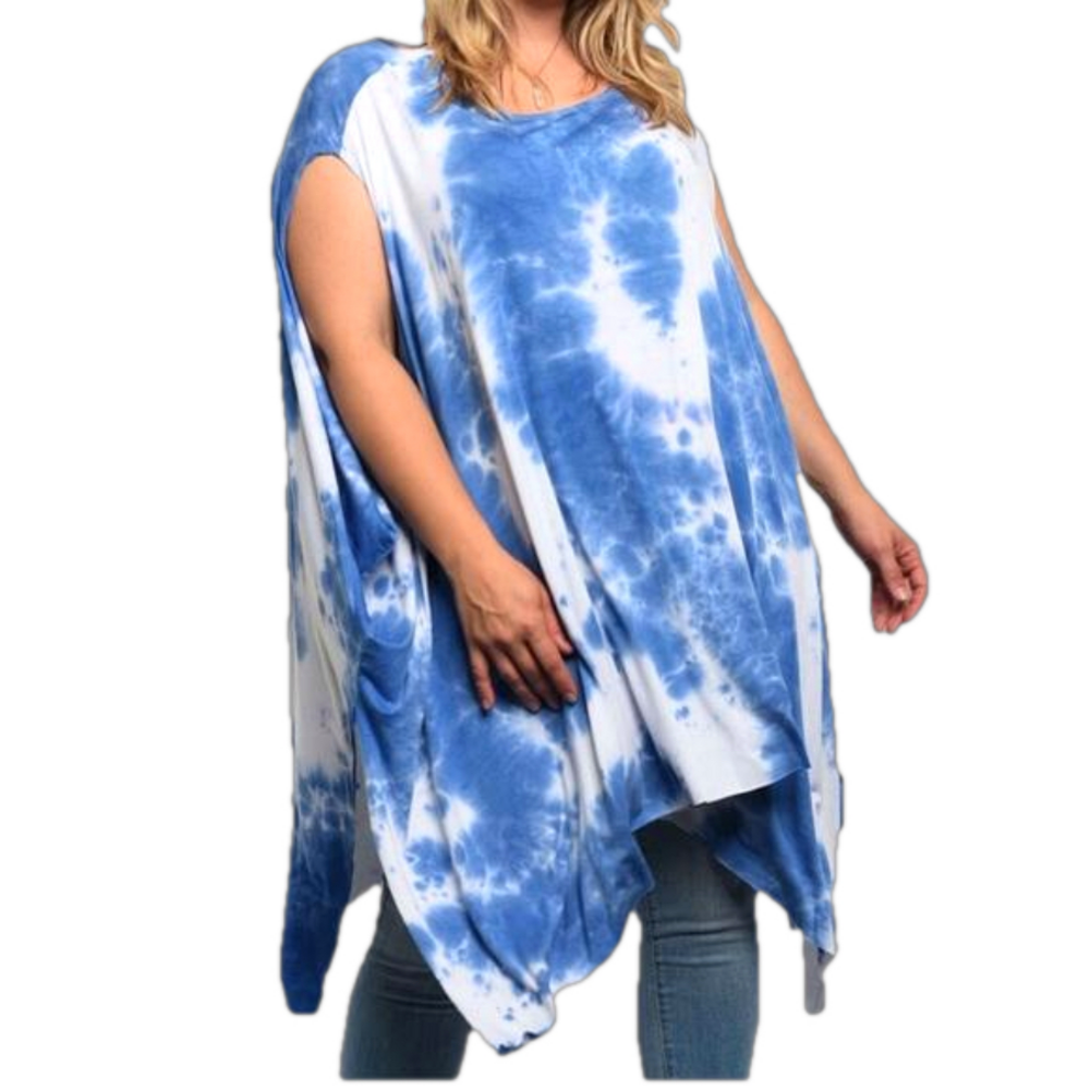 596 ❤️ 1X Plus Size Blue Tie Dye Tunic Caftan Top